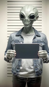 Extraterrestrial figure holding blank tablet during mugshot lineup. Humanoid alien in casual denim jacket positioned against measurement scale background