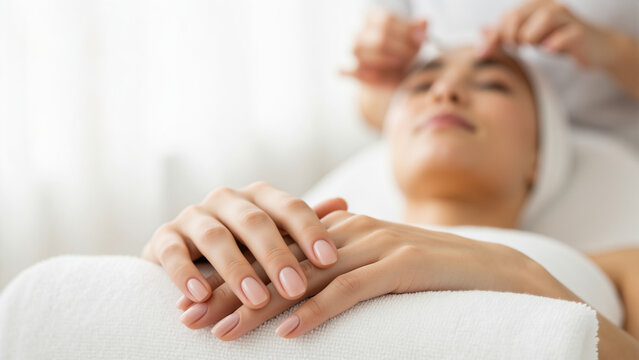 Woman's hands with a perfect manicure at a spa. Client receiving a facial skincare treatment in a beauty salon. Wellness and professional cosmetology concept - Powered by Adobe