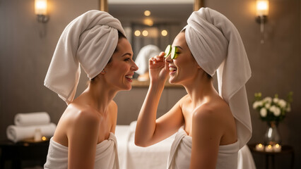 Two happy women enjoying a beauty treatment at a spa. Friends laughing while applying cucumber slices for a facial. Skincare, wellness, and self-care concept