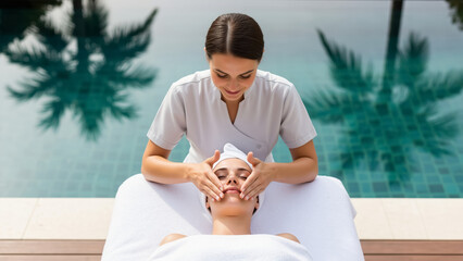 Woman receiving a relaxing facial massage at a spa. Esthetician giving a beauty treatment to a client by the pool at a resort