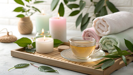 "Peaceful Spa Moment with Herbal Tea, Candles, and Soft Towels in a Nature-Infused Wellness Setting"