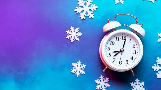 Hand gently holding a white vintage alarm clock surrounded by decorative snowflakes on a vibrant blue and purple gradient background, representing winter and time concepts.