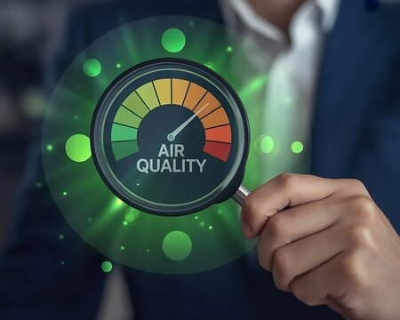 Hand holding a magnifying glass to check the good air quality at the green level safe from pollution dust PM 2.5.good air quality. AQI