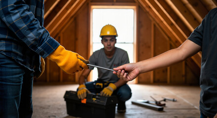 Teamwork on a construction site with workers passing a tool. Men collaborating on a home renovation project in an unfinished attic