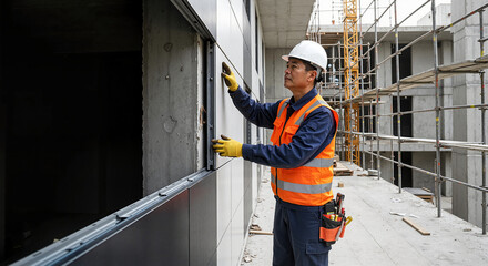 An asian construction worker installing a facade panel on a building site. A professional engineer in a hard hat and safety vest working on a new development project