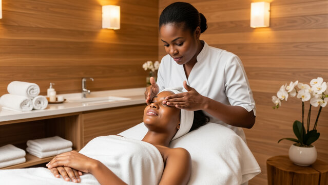 A woman receiving a relaxing facial massage at a spa. Professional esthetician providing a skincare treatment to a client in a wellness center