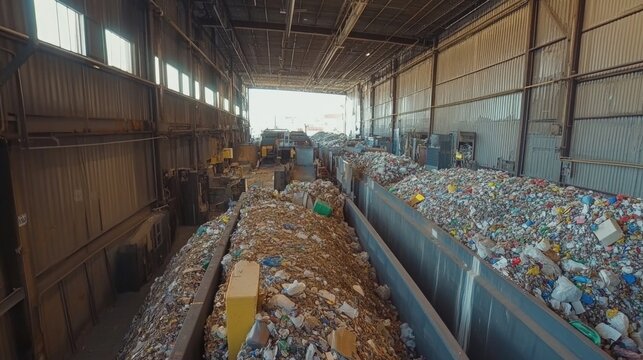 A view of a waste management facility filled with compressed recyclables and refuse