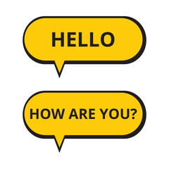 Yellow speech bubbles with hello and how are you expressions on a white background