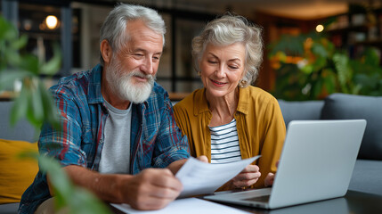 Senior couple managing home finances, laptop and receipts, teamwork budgeting, calm living room, with copy space