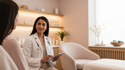 Indian female doctor advising a patient in a dermatology clinic. Cosmetologist discussing a skincare treatment plan using a digital tablet.