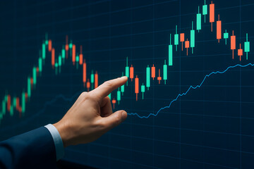 Businessman hand pointing at candlestick chart on large screen analyzing stock prices, market trends and investment opportunities in active trading session
