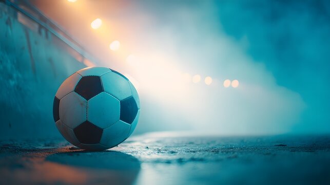 Soccer ball is sitting on the ground in front of a wall. The ball is white and black, and it is the only object in the image. Scene is calm and peaceful, as the ball is not in motion