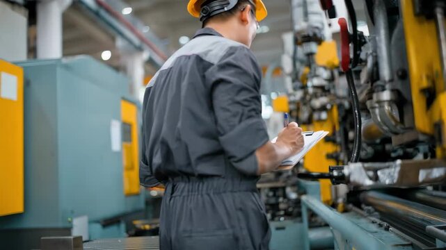 Worker reviews detailed inspection charts beside a blow molding machine ensuring consistent wall thickness and preventing manufacturing flaws.