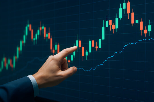 Businessman hand pointing at candlestick chart on large screen analyzing stock prices, market trends and investment opportunities in active trading session
