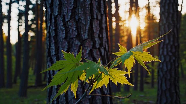Bright green leaves glisten in the warm light of the setting sun, creating a vivid contrast against the rough bark of towering trees. Soft shadows stretch elegantly across the fore