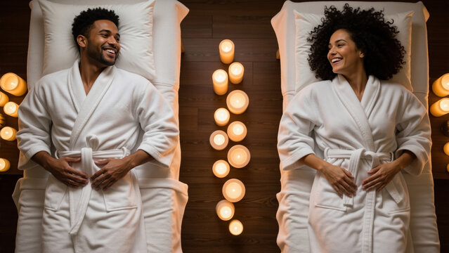 Happy couple in bathrobes relaxing on massage beds at a spa. Top view of a man and woman enjoying a romantic wellness treatment with candles. Relationship and self-care concept