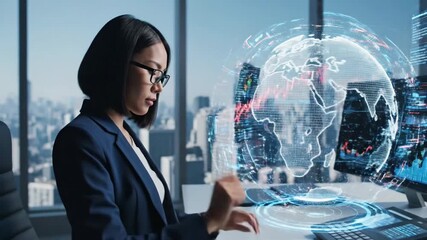 Business woman analyzing global financial data on futuristic display - Powered by Adobe