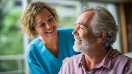 Obraz premium Smiling nurse assisting disabled senior man to get up from bed, supportive care, morning routine, gentle light, with copy space