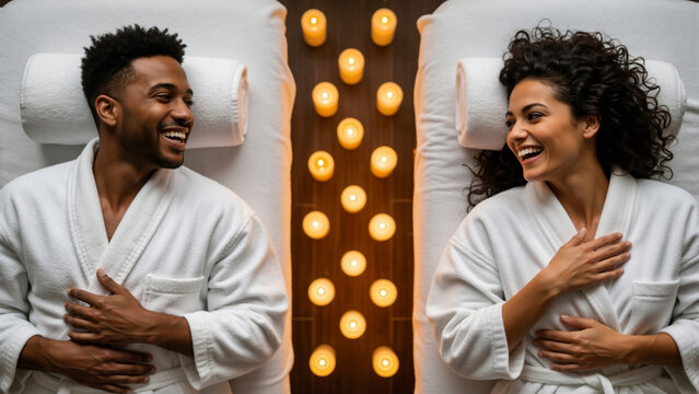 Happy diverse couple relaxing on massage tables at a spa. Man and woman in bathrobes smiling at each other during a romantic wellness treatment. Top view of a couple enjoying a relaxing getaway