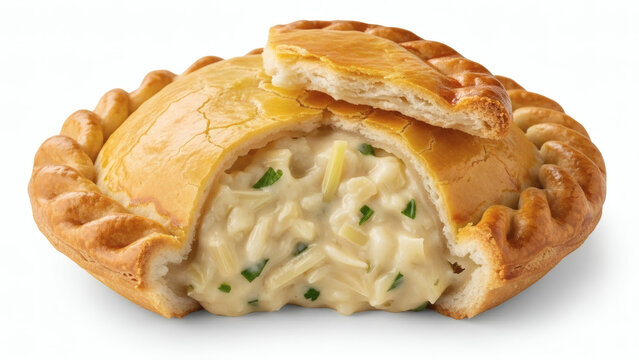 Ultra-realistic close studio product photo of a Brazilian palm-heart pie (empada de palmito), palmito filling creamy texture visible