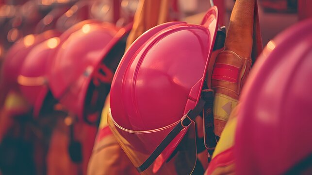 Row of red fire helmets are hanging on a wall. The helmets are all the same color and size, and they are all facing the same direction. Concept of uniformity and order