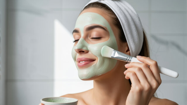 A smiling woman applying a green cosmetic face mask with a brush. Beauty skincare routine and self-care spa treatment at home for healthy skin - Powered by Adobe