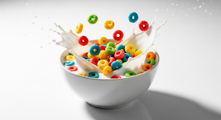Colorful Cereal Rings Splashing into Milk Bowl - Dynamic Breakfast Scene