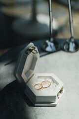 Modern wedding jewelry. Closeup of two wedding rings in a vintage box with flower petals.