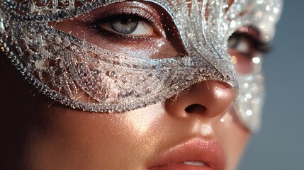 Woman with a silver mask on her face. The mask is decorated with glitter and has a lace design. The woman's eyes are closed, and she has a smile on her face. Scene is playful and whimsical