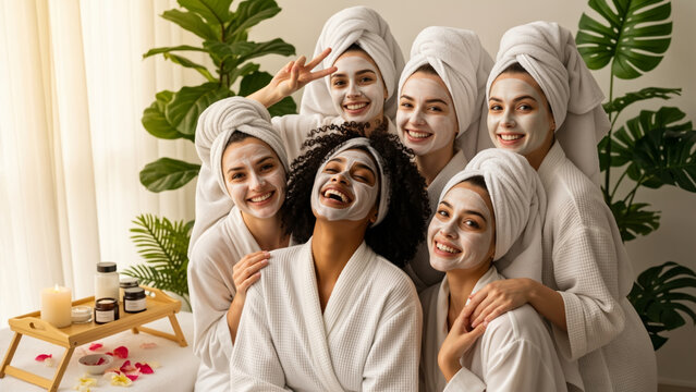 A diverse group of happy female friends with cosmetic face masks at a spa party. Young women in bathrobes enjoying a self-care beauty treatment together - Powered by Adobe