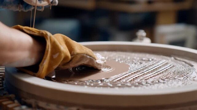 Medium shot of technician applying ceramic slurry over a pattern preparing a smooth ceramic mold for precision iron casting processes