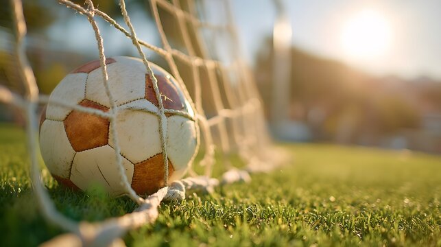 Soccer ball is sitting on the grass next to a soccer net. The ball is white and red, and it is positioned in front of the net. Concept of anticipation and excitement