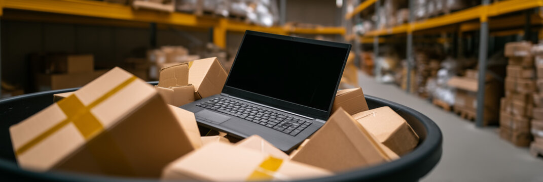 Old laptop in e-waste bin at warehouse. Discarded computer technology with cardboard boxes. Technological obsolescence, recycling, and disposal