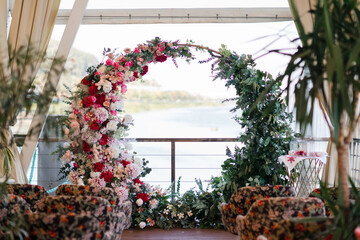 Coziness and style. Modern event design. European traditional wedding ceremony decoration and...