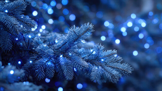 Close-up of frosted blue pine branches adorned with twinkling blue fairy lights, creating a magical and festive winter ambiance with soft bokeh background. - Powered by Adobe