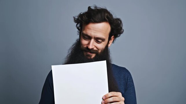 Excited man holding a blank white sheet of paper with a surprised expression showcasing various emotions in a studio setting capturing joyful moments and surprises in life.