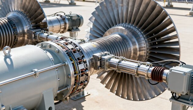 Medium shot focusing on scalable modular turbine components being adjusted and connected on site illustrating customizable configurations for varied energy demands.