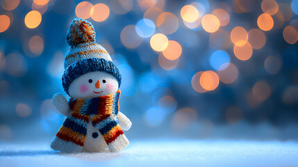 Cute snowman wearing a colorful scarf and hat stands against a sparkling winter background with blurred lights