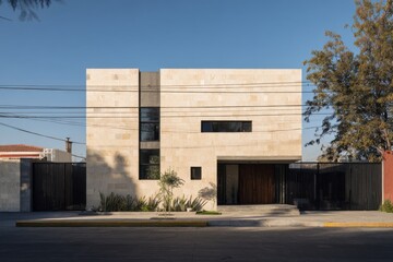 Obraz premium Modern stone house design with clean lines and unique architecture located in a sunny neighborhood showcasing minimalistic style and surrounding greenery