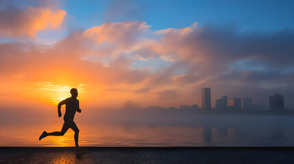 Early morning jogger runs along the waterfront with a vibrant sunrise in the background, creating a peaceful atmosphere