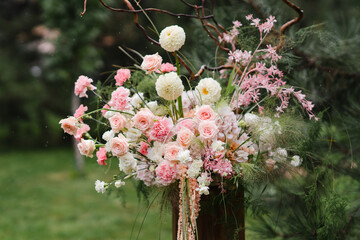 Coziness and style. Modern event design. European traditional wedding ceremony decoration and...