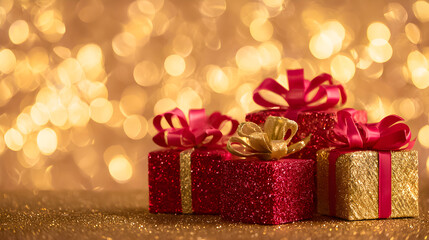 Beautifully wrapped red and gold gifts create a festive atmosphere during the holiday season