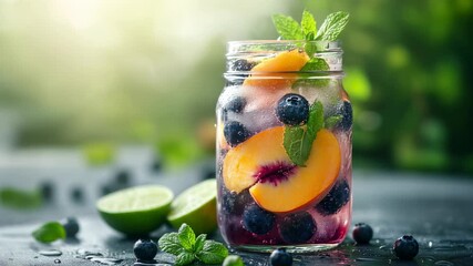 Refreshing fruit drink with blueberries and peaches in a jar, perfect for hot summer days or special gatherings, garnished with mint leaves and lime halves.
