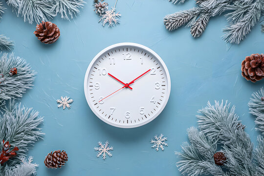 Clock surrounded by pinecones and frosty leaves on a blue background during winter season - Powered by Adobe