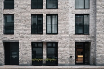 Obraz premium Modern brick building design featuring large windows and minimalist architectural style in an urban setting during daylight hours