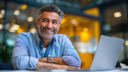Successful Middle Eastern man using laptop at work, glass office background, confident smile, corporate portrait, with copy space
