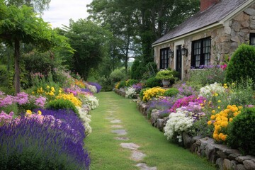 Fototapeta premium A stunning garden pathway adorned with an array of vibrant flowers gracefully leads up to a delightful stone cottage, nestled in tranquility on a peaceful afternoon