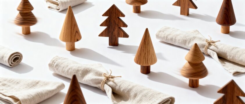 Sustainable Christmas pattern with wooden trees and linen napkins. Eco friendly holiday background with spinning ornaments. Natural table setting