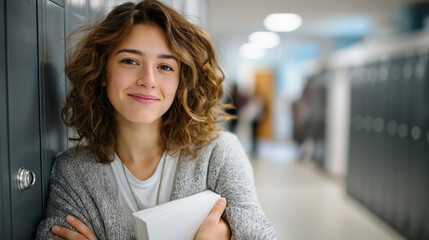 Beautiful confident female student looking at camera, hallway lockers bokeh, book in hand, aspirational mood, with copy space