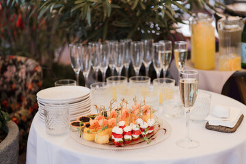Catering banquet table at reception. Restaurant presentation, european cuisine, food consumption, party concept. Food styling, appetizers bar, welcome drink, event design.
